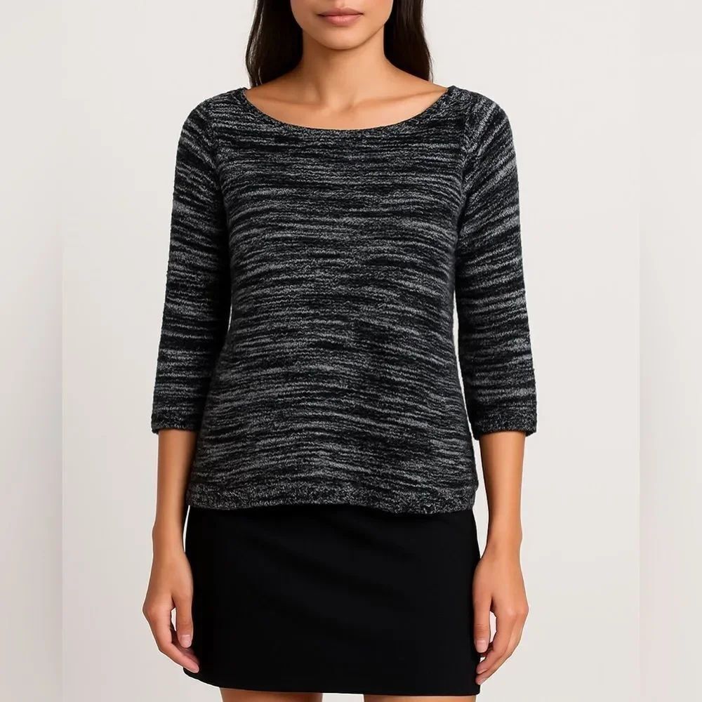 Eileen Fisher Black White Textured Knit Sweater Top 3/4 Sleeve Women’s Small
